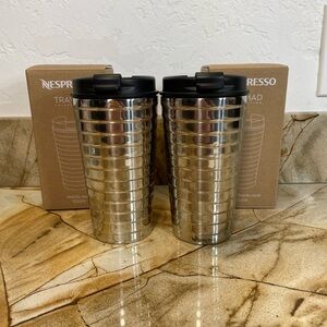 Nespresso Stainless Steel Touch Travel Mugs with Black Lids - matching set of 2